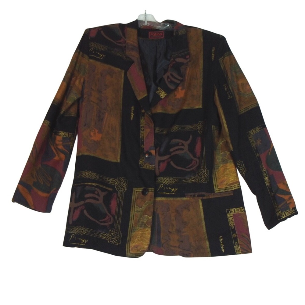 Patina‎ International Vintage Abstract Art Print Blazer Jacket Black Gold Multi